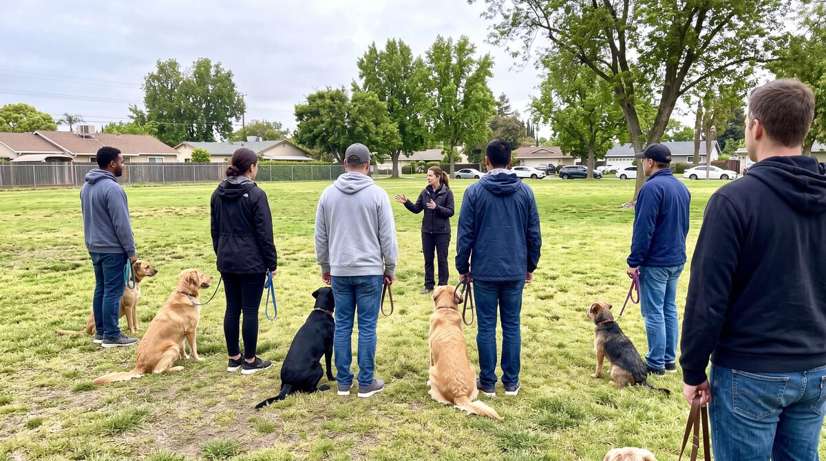 A calm Narnia group obedience class outdoors, dogs sitting attentively with their owners