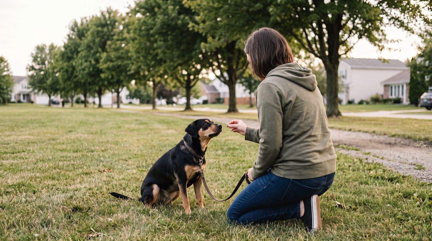 A Narnia trainer rewarding an attentive dog with a treat during a positive-reinforcement lesson in a Naperville-area yard